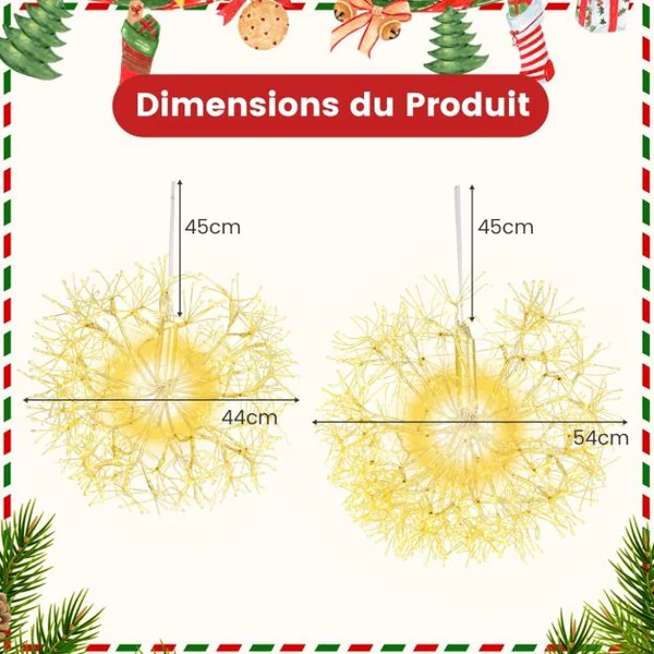 2 Lampes de Noël à Suspendre en Forme de Pissenlit 54 cm et 44 cm Décorations d'Extérieur Pré-éclairées 1488 LED Blanc Chaud Boule