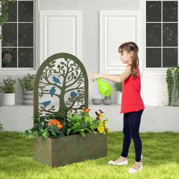 2 Pcs Jardinières Murales avec Treillis en Métal Bac à Fleurs Décoratives pour Plante Grimpante Résistance aux Intempéries