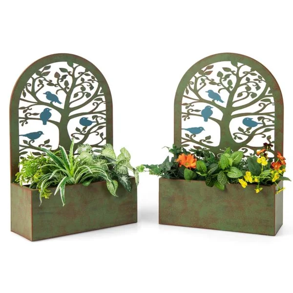 2 Pcs Jardinières Murales avec Treillis en Métal Bac à Fleurs Décoratives pour Plante Grimpante Résistance aux Intempéries