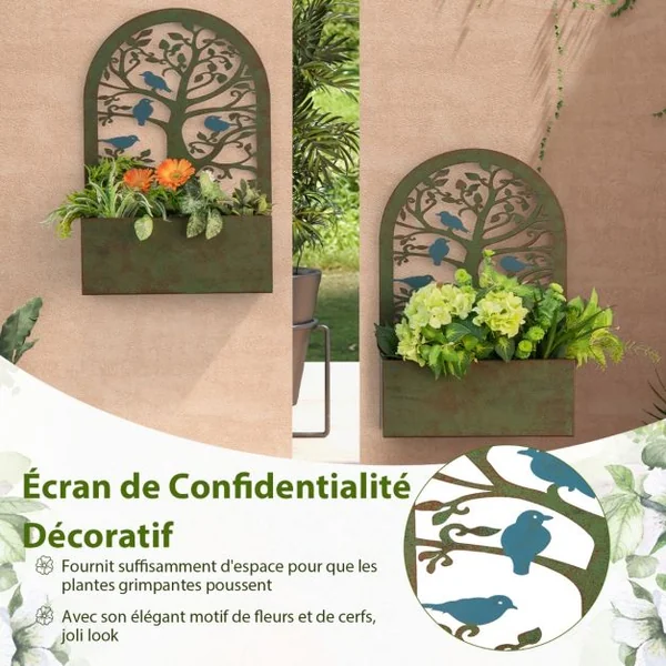 2 Pcs Jardinières Murales avec Treillis en Métal Bac à Fleurs Décoratives pour Plante Grimpante Résistance aux Intempéries