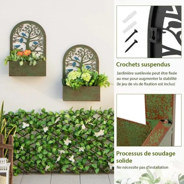 2 Pcs Jardinières Murales avec Treillis en Métal Bac à Fleurs Décoratives pour Plante Grimpante Résistance aux Intempéries