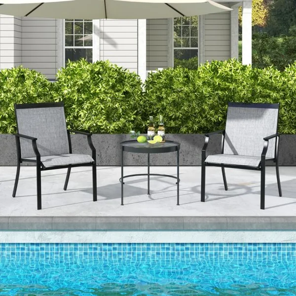 2 Pièces Chaises de Salle à Manger de Patio avec Siège Respirant Cadre en Métal Dossier et Accoudoirs Ergonomiques Fauteuils à Dossier Haut Café/Gris/Bleu