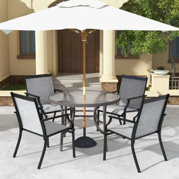 2 Pièces Chaises de Salle à Manger de Patio avec Siège Respirant Cadre en Métal Dossier et Accoudoirs Ergonomiques Fauteuils à Dossier Haut Café/Gris/Bleu