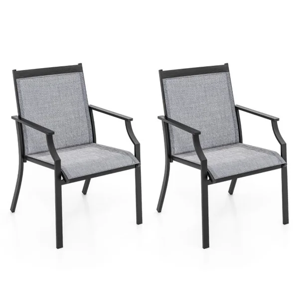 2 Pièces Chaises de Salle à Manger de Patio avec Siège Respirant Cadre en Métal Dossier et Accoudoirs Ergonomiques Fauteuils à Dossier Haut Café/Gris/Bleu