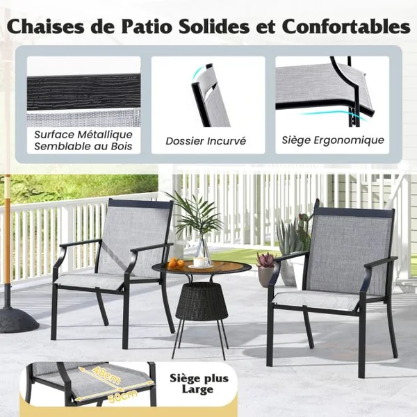 2 Pièces Chaises de Salle à Manger de Patio avec Siège Respirant Cadre en Métal Dossier et Accoudoirs Ergonomiques Fauteuils à Dossier Haut Café/Gris/Bleu
