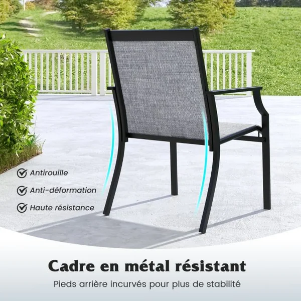 2 Pièces Chaises de Salle à Manger de Patio avec Siège Respirant Cadre en Métal Dossier et Accoudoirs Ergonomiques Fauteuils à Dossier Haut Café/Gris/Bleu