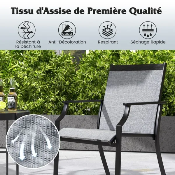 2 Pièces Chaises de Salle à Manger de Patio avec Siège Respirant Cadre en Métal Dossier et Accoudoirs Ergonomiques Fauteuils à Dossier Haut Café/Gris/Bleu