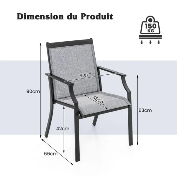 2 Pièces Chaises de Salle à Manger de Patio avec Siège Respirant Cadre en Métal Dossier et Accoudoirs Ergonomiques Fauteuils à Dossier Haut Café/Gris/Bleu