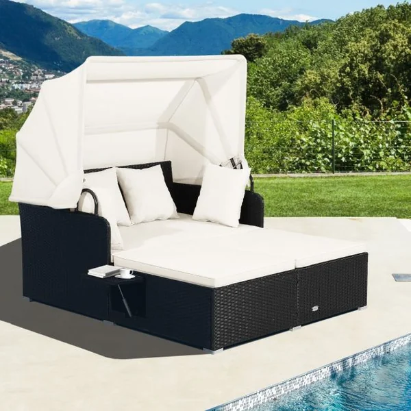2 Places Lit Canapé de Jardin en Rotin avec Baldaquin Rétractable 2 Panneaux Latéraux Pliables 165 x 153 x 138 cm