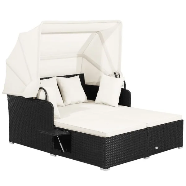 2 Places Lit Canapé de Jardin en Rotin avec Baldaquin Rétractable 2 Panneaux Latéraux Pliables 165 x 153 x 138 cm