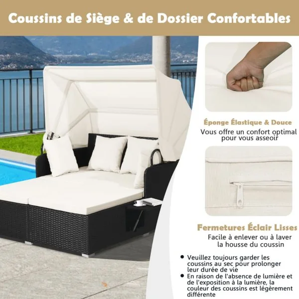2 Places Lit Canapé de Jardin en Rotin avec Baldaquin Rétractable 2 Panneaux Latéraux Pliables 165 x 153 x 138 cm