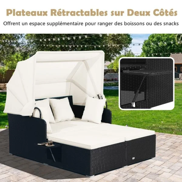 2 Places Lit Canapé de Jardin en Rotin avec Baldaquin Rétractable 2 Panneaux Latéraux Pliables 165 x 153 x 138 cm