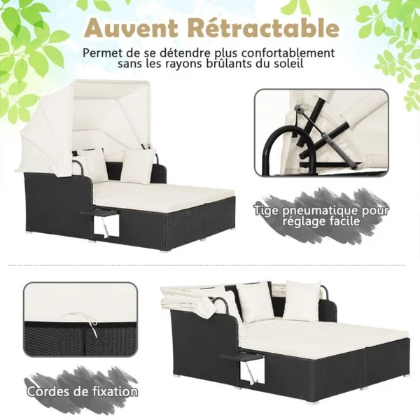 2 Places Lit Canapé de Jardin en Rotin avec Baldaquin Rétractable 2 Panneaux Latéraux Pliables 165 x 153 x 138 cm