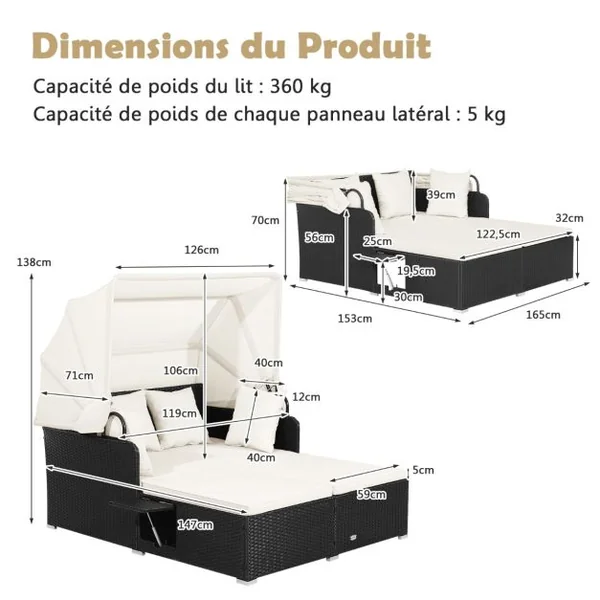 2 Places Lit Canapé de Jardin en Rotin avec Baldaquin Rétractable 2 Panneaux Latéraux Pliables 165 x 153 x 138 cm