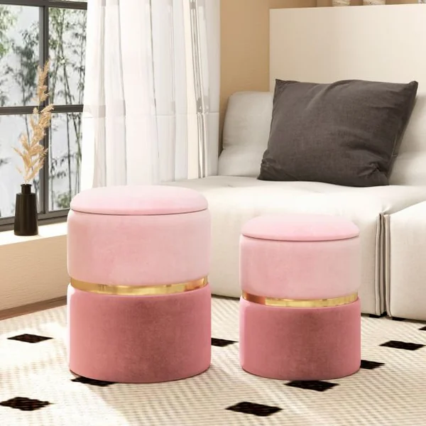 2 Poufs Coffres de Rangement 32 L + 21 L en Velours Repose-pieds Décoratifs Rose Charge max 150KG Rose