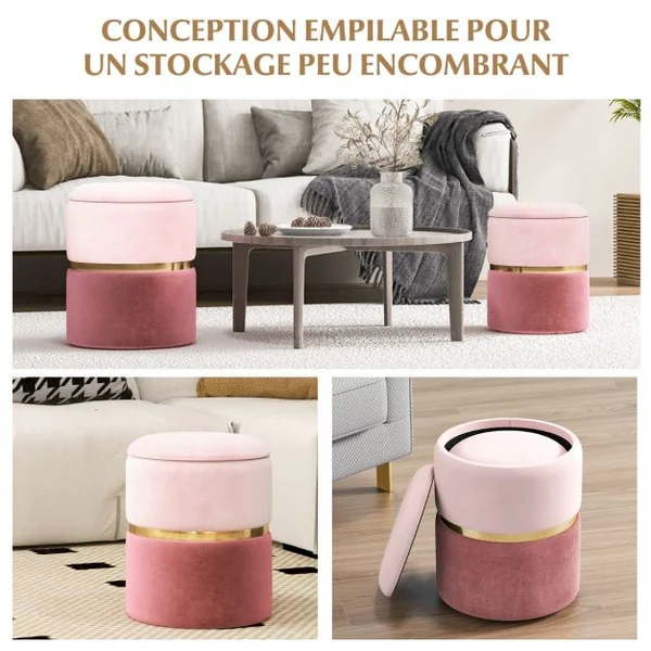 2 Poufs Coffres de Rangement 32 L + 21 L en Velours Repose-pieds Décoratifs Rose Charge max 150KG Rose