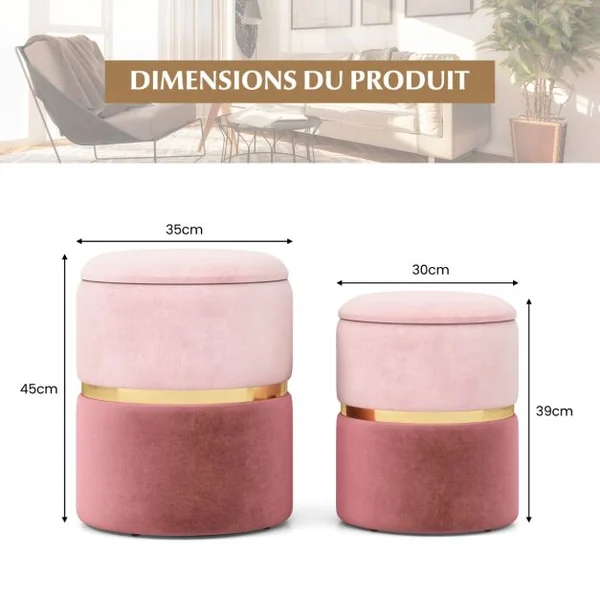 2 Poufs Coffres de Rangement 32 L + 21 L en Velours Repose-pieds Décoratifs Rose Charge max 150KG Rose