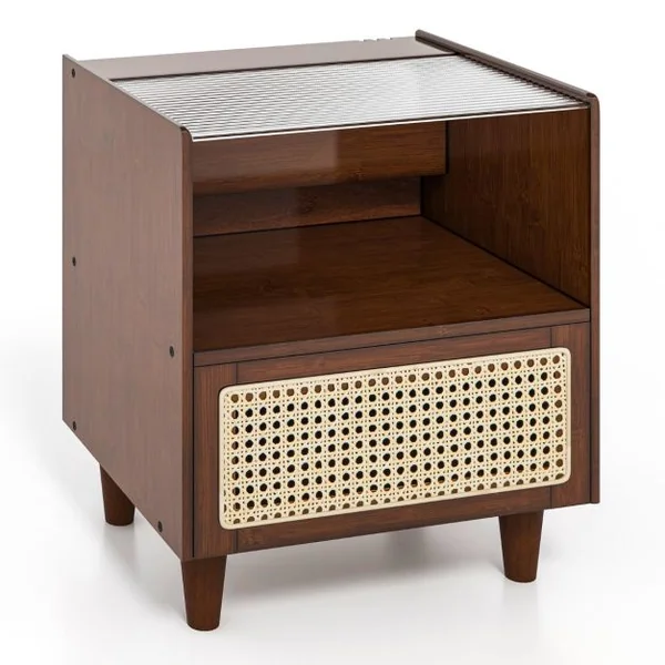 2 Tables de Chevet avec Tiroir Table d'Appoint en Bambou avec Plateau en VerrePieds en Bois Massif 43 x 35 x 50 cm Brun/Naturel