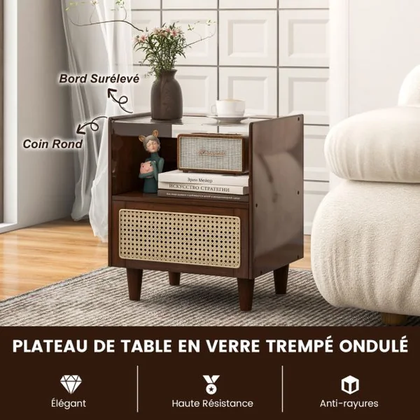 2 Tables de Chevet avec Tiroir Table d'Appoint en Bambou avec Plateau en VerrePieds en Bois Massif 43 x 35 x 50 cm Brun/Naturel