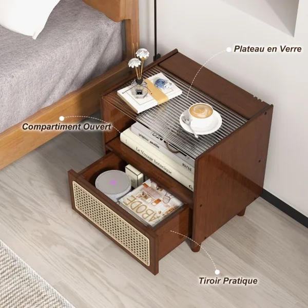 2 Tables de Chevet avec Tiroir Table d'Appoint en Bambou avec Plateau en VerrePieds en Bois Massif 43 x 35 x 50 cm Brun/Naturel