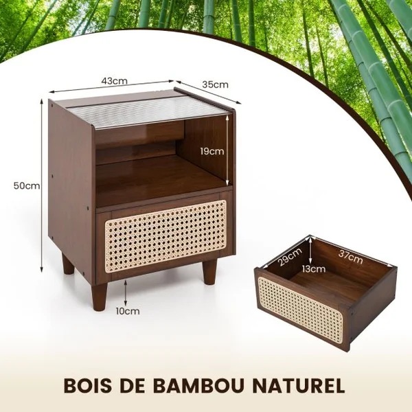 2 Tables de Chevet avec Tiroir Table d'Appoint en Bambou avec Plateau en VerrePieds en Bois Massif 43 x 35 x 50 cm Brun/Naturel