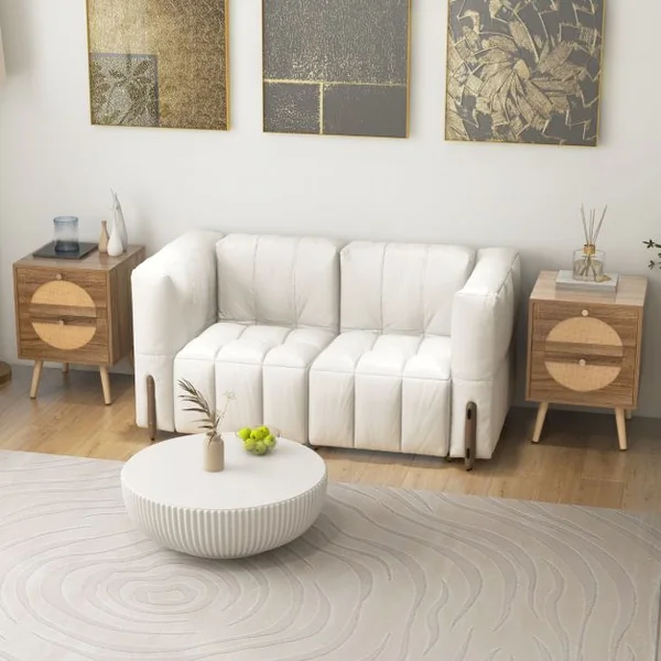 2 Tables de Chevet en Rotin avec 2 Tiroirs Table d'Appoint de Style Bohème avec Pieds en Bois Massif Table Basse Compacte en Bois