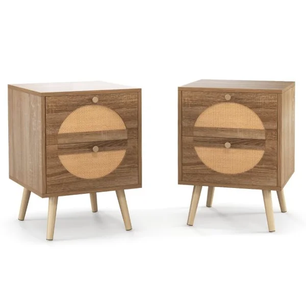 2 Tables de Chevet en Rotin avec 2 Tiroirs Table d'Appoint de Style Bohème avec Pieds en Bois Massif Table Basse Compacte en Bois
