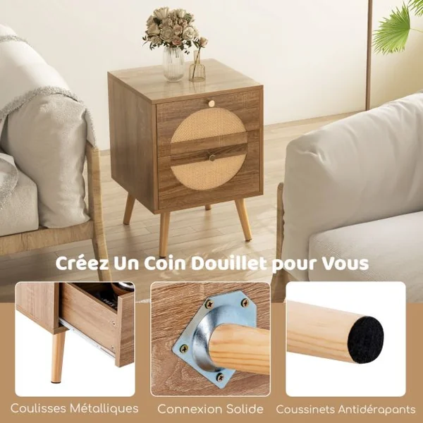 2 Tables de Chevet en Rotin avec 2 Tiroirs Table d'Appoint de Style Bohème avec Pieds en Bois Massif Table Basse Compacte en Bois