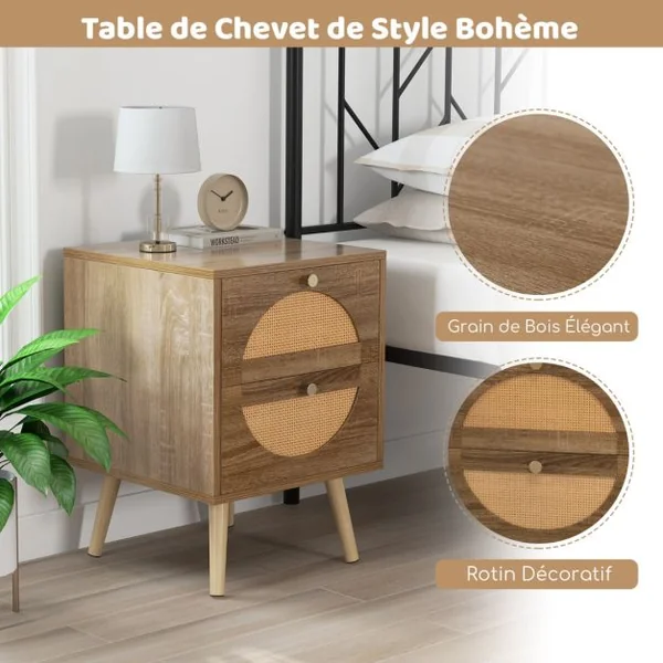 2 Tables de Chevet en Rotin avec 2 Tiroirs Table d'Appoint de Style Bohème avec Pieds en Bois Massif Table Basse Compacte en Bois