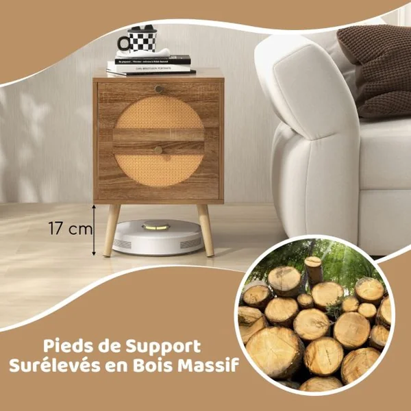 2 Tables de Chevet en Rotin avec 2 Tiroirs Table d'Appoint de Style Bohème avec Pieds en Bois Massif Table Basse Compacte en Bois