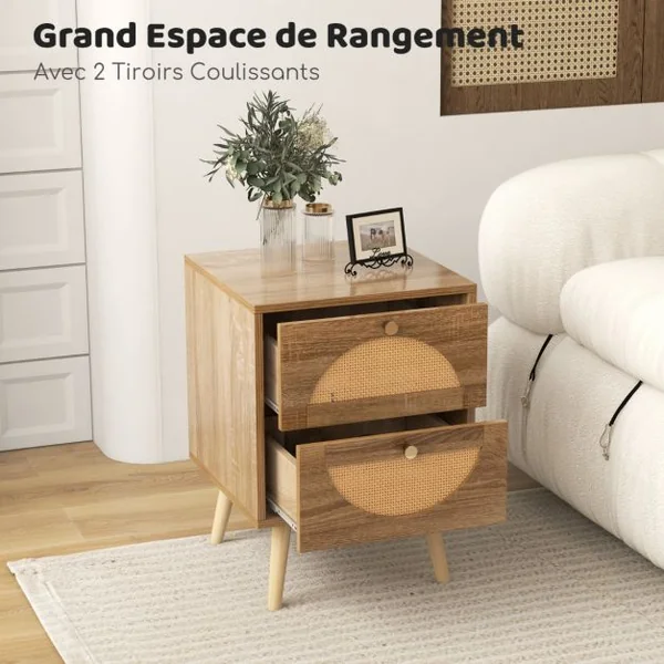 2 Tables de Chevet en Rotin avec 2 Tiroirs Table d'Appoint de Style Bohème avec Pieds en Bois Massif Table Basse Compacte en Bois
