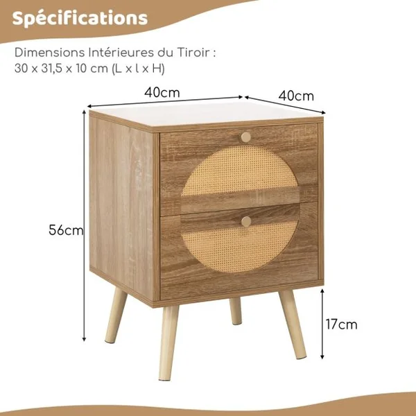2 Tables de Chevet en Rotin avec 2 Tiroirs Table d'Appoint de Style Bohème avec Pieds en Bois Massif Table Basse Compacte en Bois