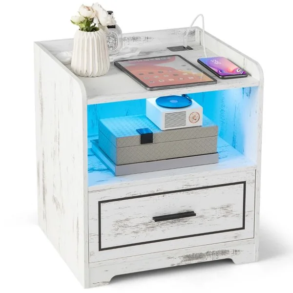2 Tables de Chevet Led Intelligente Port Usb Couleurs de Lumière et Luminosité Réglables Table de Nuit Blanc/Noir