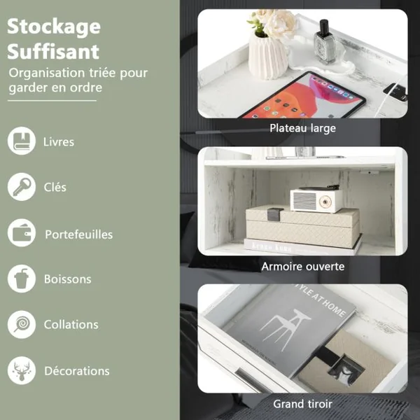 2 Tables de Chevet Led Intelligente Port Usb Couleurs de Lumière et Luminosité Réglables Table de Nuit Blanc/Noir