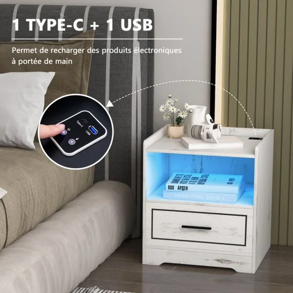2 Tables de Chevet Led Intelligente Port Usb Couleurs de Lumière et Luminosité Réglables Table de Nuit Blanc/Noir