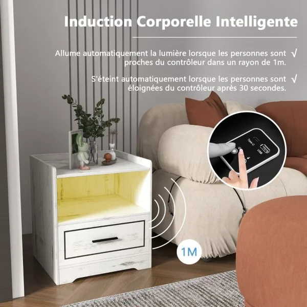 2 Tables de Chevet Led Intelligente Port Usb Couleurs de Lumière et Luminosité Réglables Table de Nuit Blanc/Noir