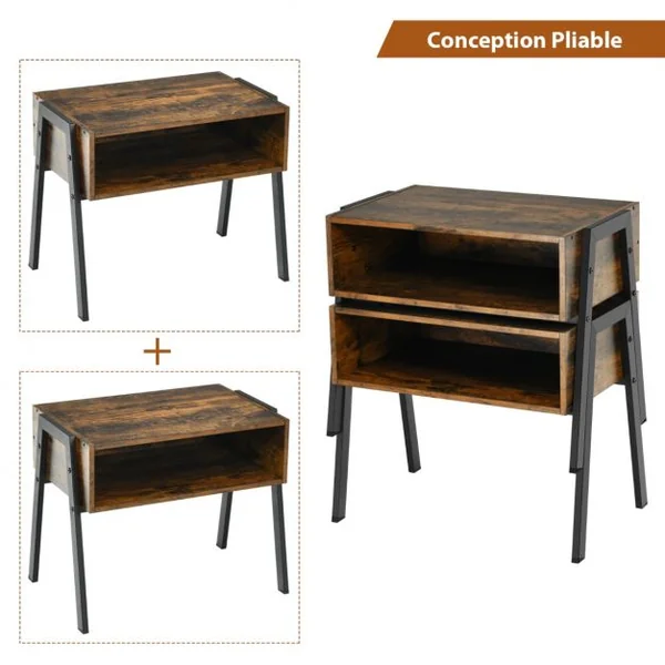 2 Tables de Chevet Vintage avec Compartiment de Rangement 54 x 35 x 45 CM Structure en Métal Marron Rustique et Noir