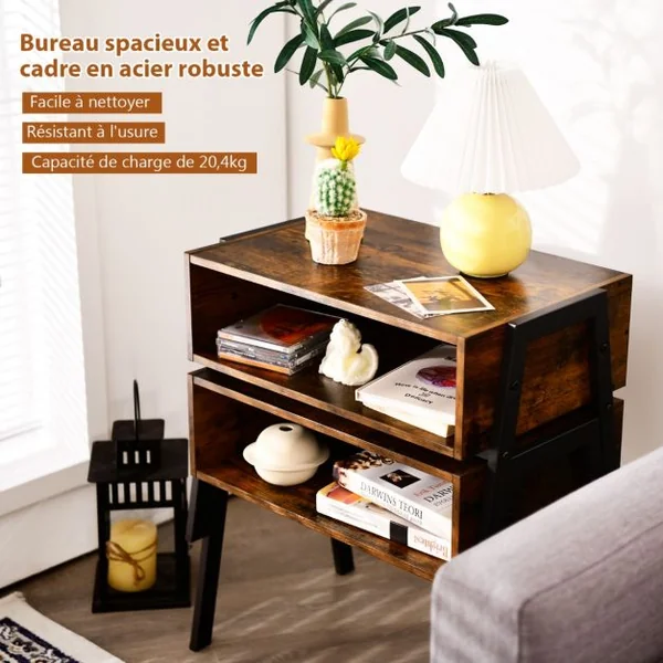 2 Tables de Chevet Vintage avec Compartiment de Rangement 54 x 35 x 45 CM Structure en Métal Marron Rustique et Noir