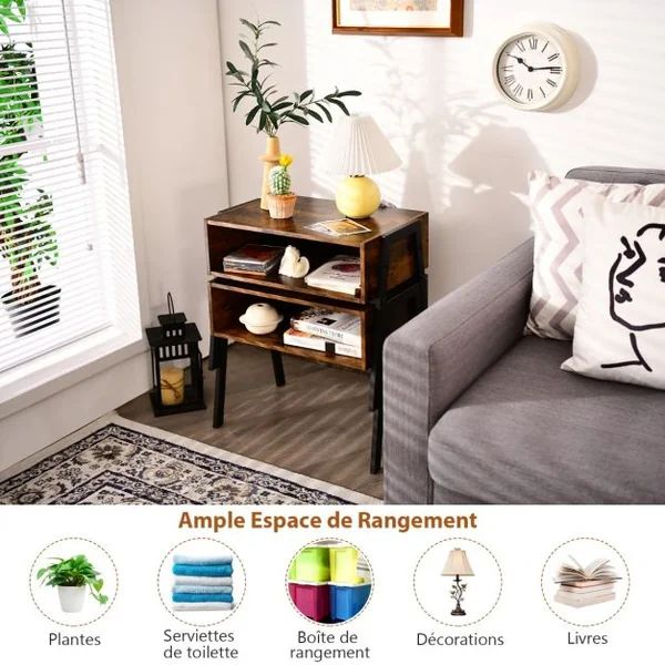 2 Tables de Chevet Vintage avec Compartiment de Rangement 54 x 35 x 45 CM Structure en Métal Marron Rustique et Noir