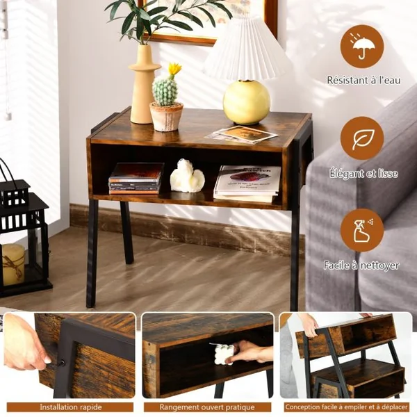 2 Tables de Chevet Vintage avec Compartiment de Rangement 54 x 35 x 45 CM Structure en Métal Marron Rustique et Noir