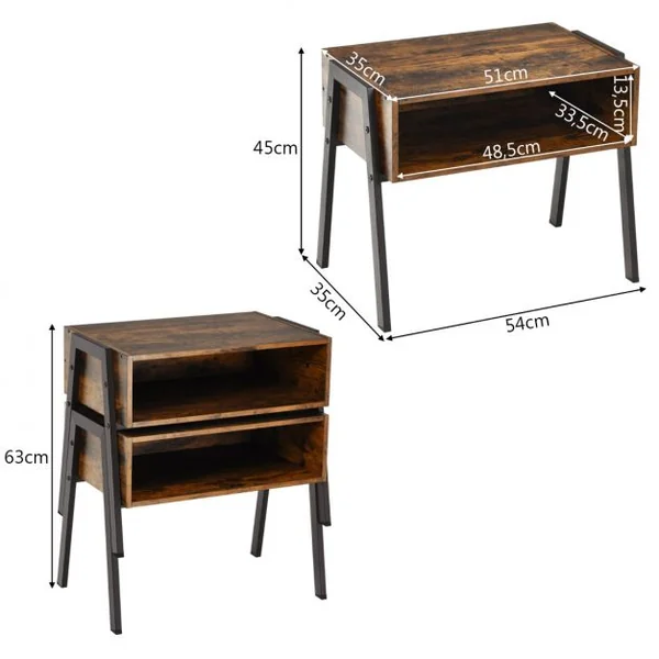 2 Tables de Chevet Vintage avec Compartiment de Rangement 54 x 35 x 45 CM Structure en Métal Marron Rustique et Noir