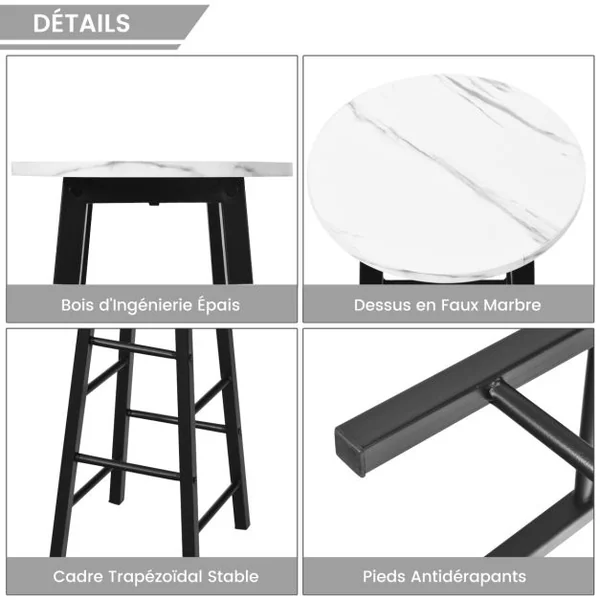 2 Tabourets de Bar Assise Effet Marbre avec Repose-Pieds Cadre en Métal pour Bar-Bistrot Salle à Manger Cuisine Noir