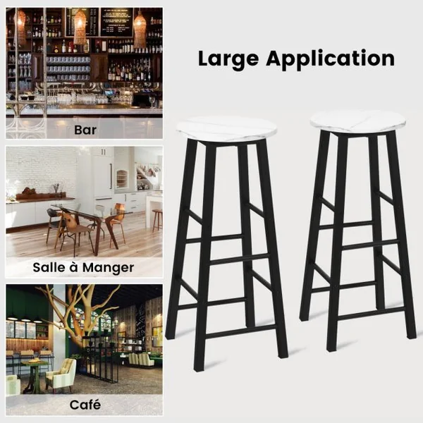 2 Tabourets de Bar Assise Effet Marbre avec Repose-Pieds Cadre en Métal pour Bar-Bistrot Salle à Manger Cuisine Noir