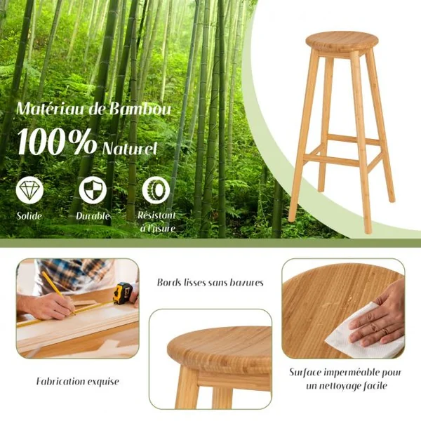 2 Tabourets de Bar en Bambou Hauteur 79cm avec Repose-Pieds de Style Campagne Idéal pour Cuisine Comptoir Bistro Bar