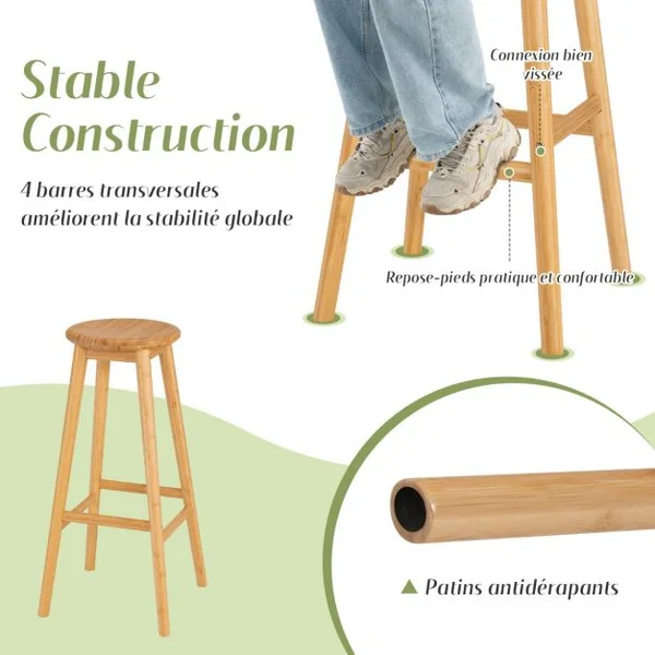 2 Tabourets de Bar en Bambou Hauteur 79cm avec Repose-Pieds de Style Campagne Idéal pour Cuisine Comptoir Bistro Bar
