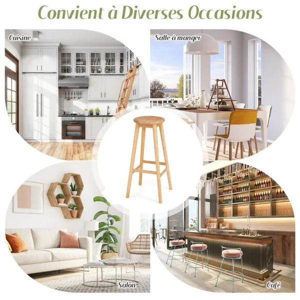 2 Tabourets de Bar en Bambou Hauteur 79cm avec Repose-Pieds de Style Campagne Idéal pour Cuisine Comptoir Bistro Bar