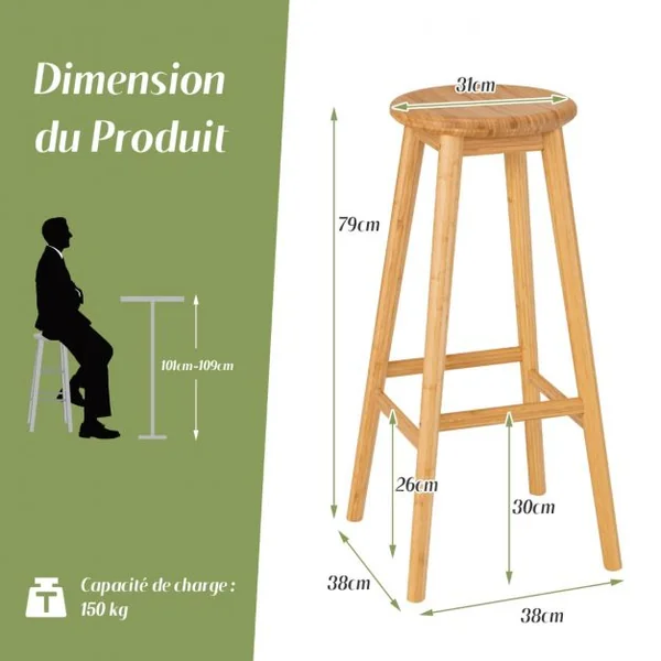 2 Tabourets de Bar en Bambou Hauteur 79cm avec Repose-Pieds de Style Campagne Idéal pour Cuisine Comptoir Bistro Bar