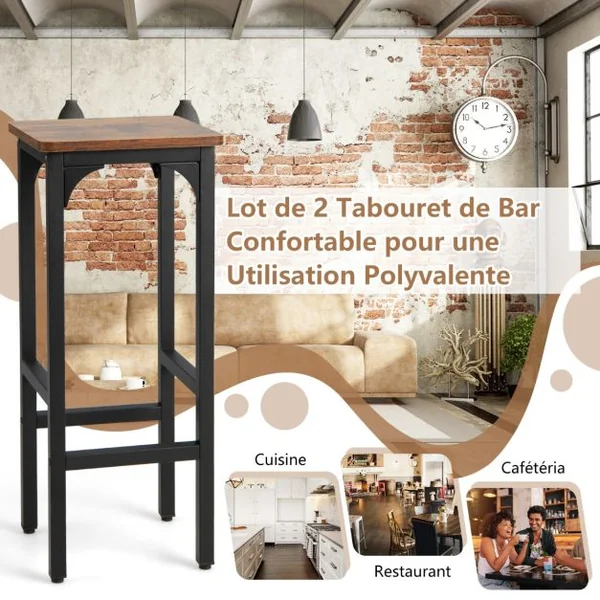 2 Tabourets de Bar Industriels Cadre en Métal 30 x 30 x 71,5 CM pour Cuisine Café Bistro Térrasse-Marron Rustique