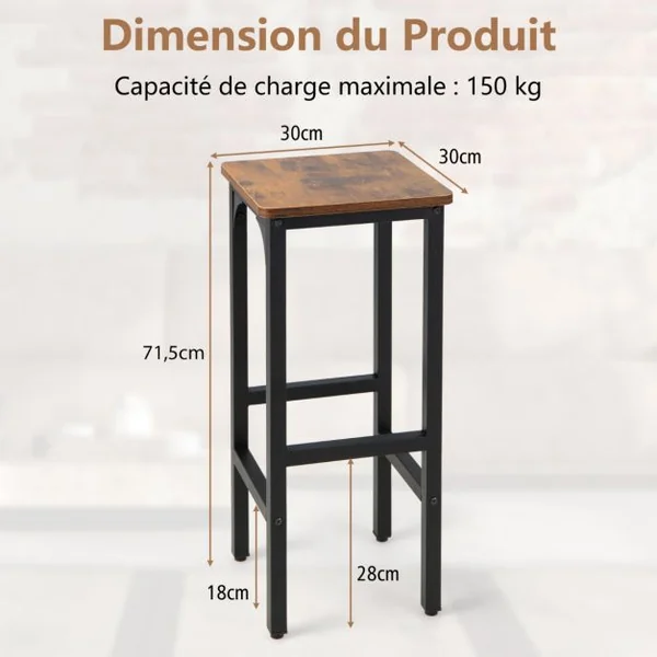 2 Tabourets de Bar Industriels Cadre en Métal 30 x 30 x 71,5 CM pour Cuisine Café Bistro Térrasse-Marron Rustique