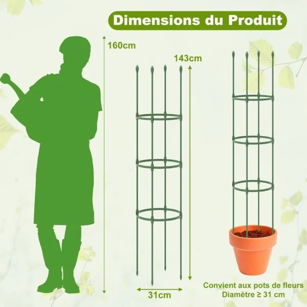 2 Treillis Obélisque de Jardin pour Plantes Support pour Plantes Grimpantes en Métal Réglable de 143 cm de Haut Cage et Supports 2 en 1 Vert